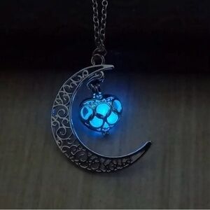 Crescent moon glow pendent silvertone necklace